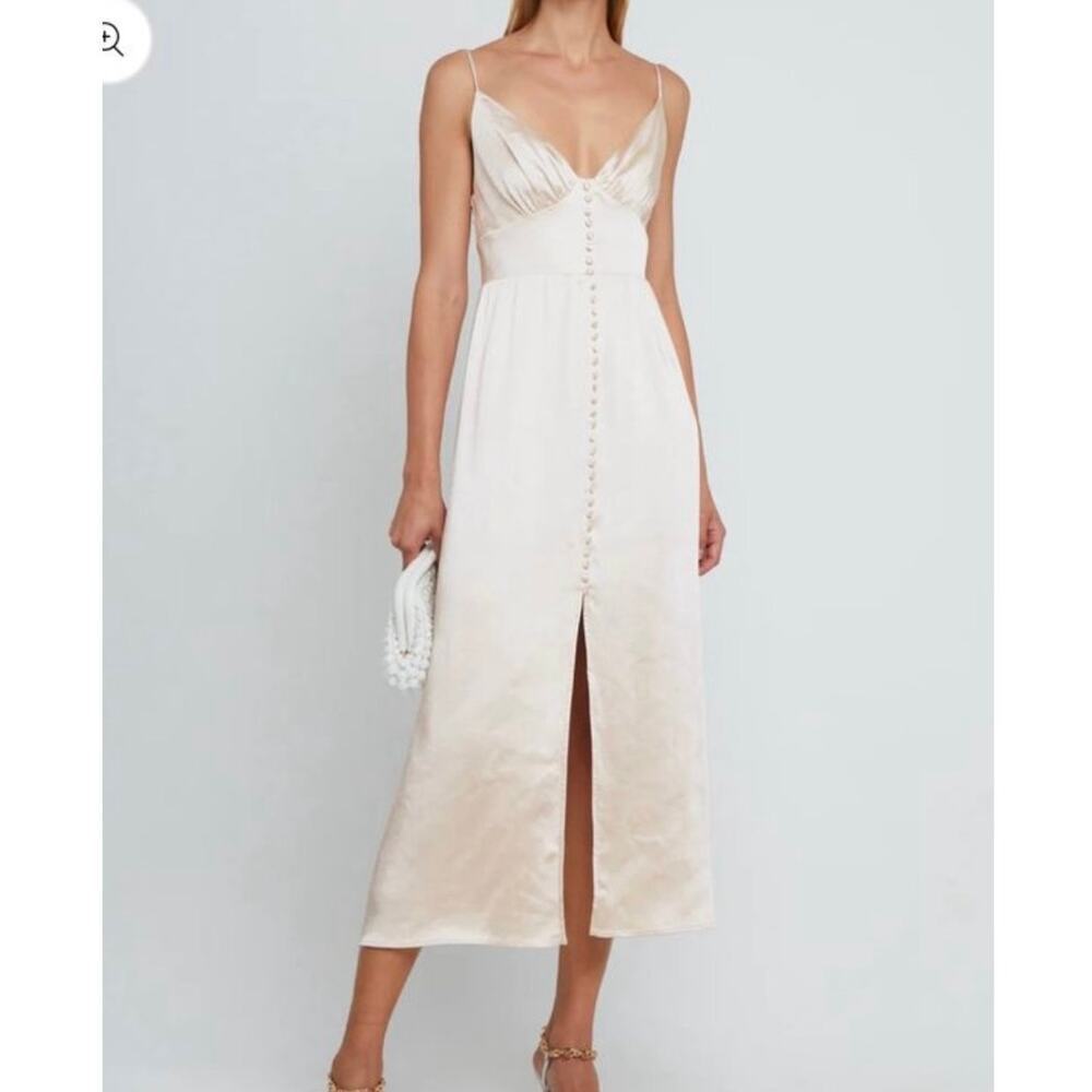 o.p.t Champagne Satin Button Front Midi Dress with Spaghetti Straps – Size Small